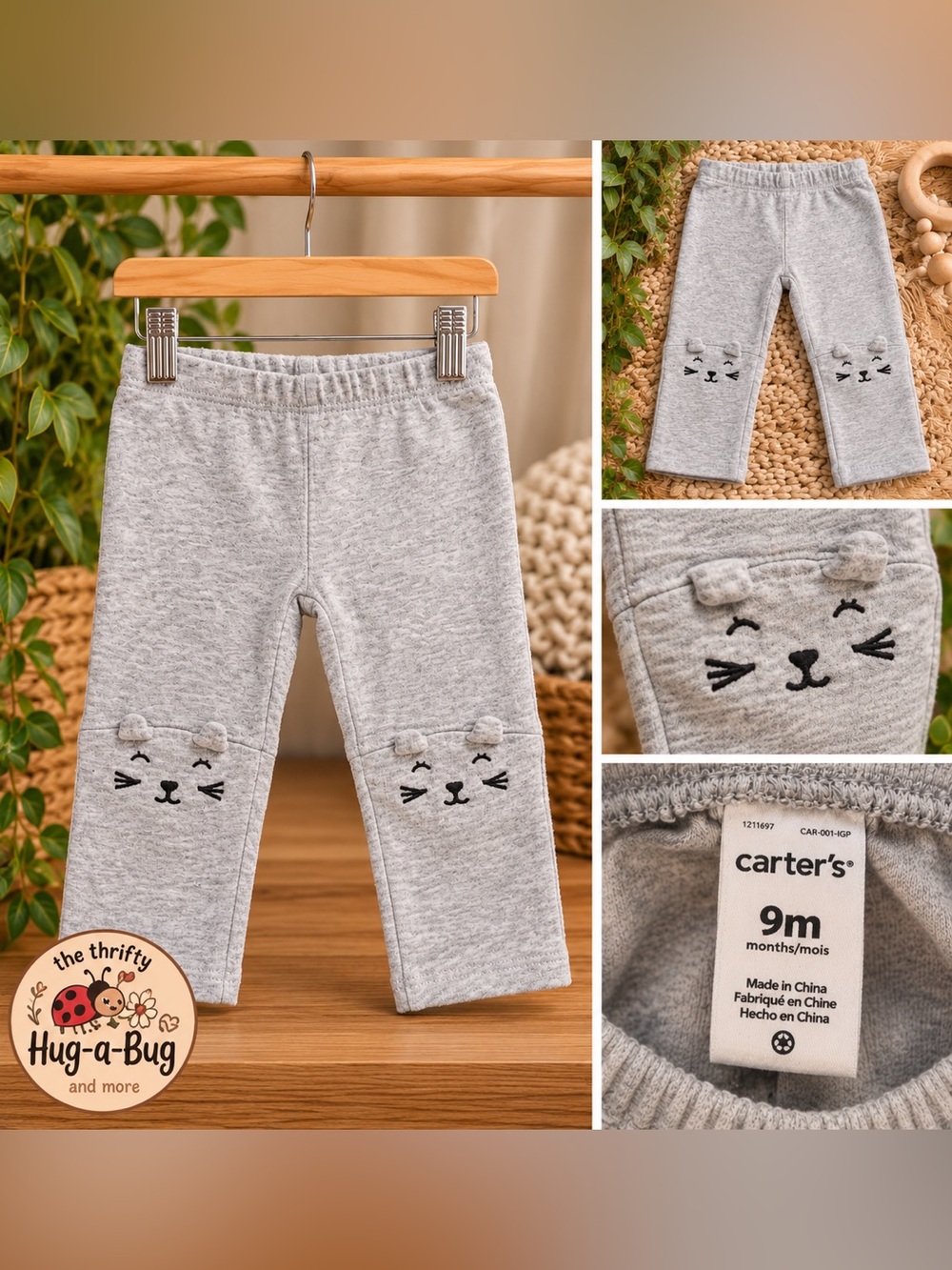 Carter’s Baby Girl 9M Grey Cat Knee Leggings 🐱
